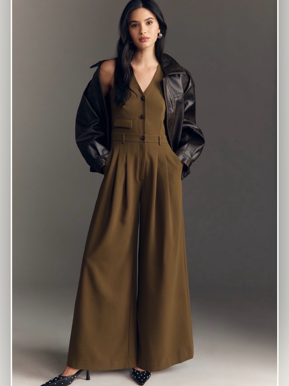 NWT Anthropologie Maeve Avery Suiting Olive/Fir Green V-Neck Wide-Leg Jumpsuit 4
